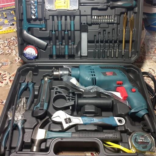 دریل 13 چکشی باس به همراه پک کامل اعلا یه پک عالی واسه کار های خونگی و نیمه صنعتی